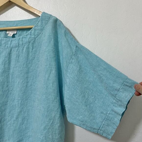 J Jill 100% Linen Boxy Flowy Top Size MP Aqua Blue Coastal Nautical - Picture 3 of 6